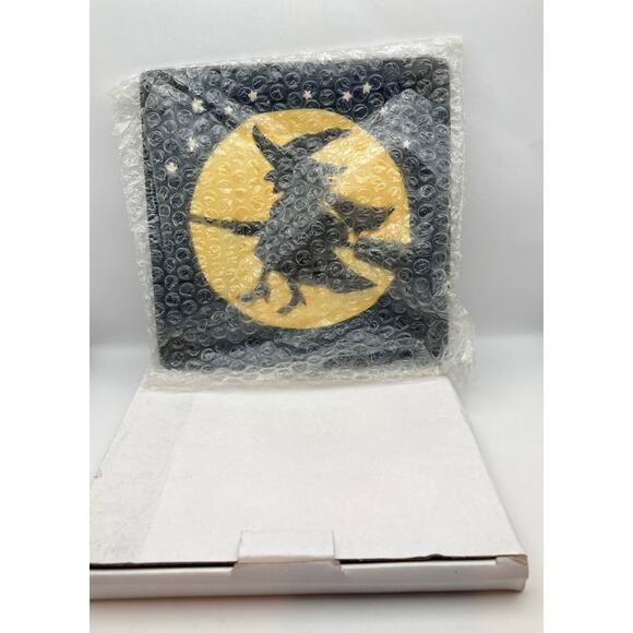 Halloween Decor Square 8" Plate Witch Broom Full Moon Stars Yellow Blue Black - Picture 2 of 5